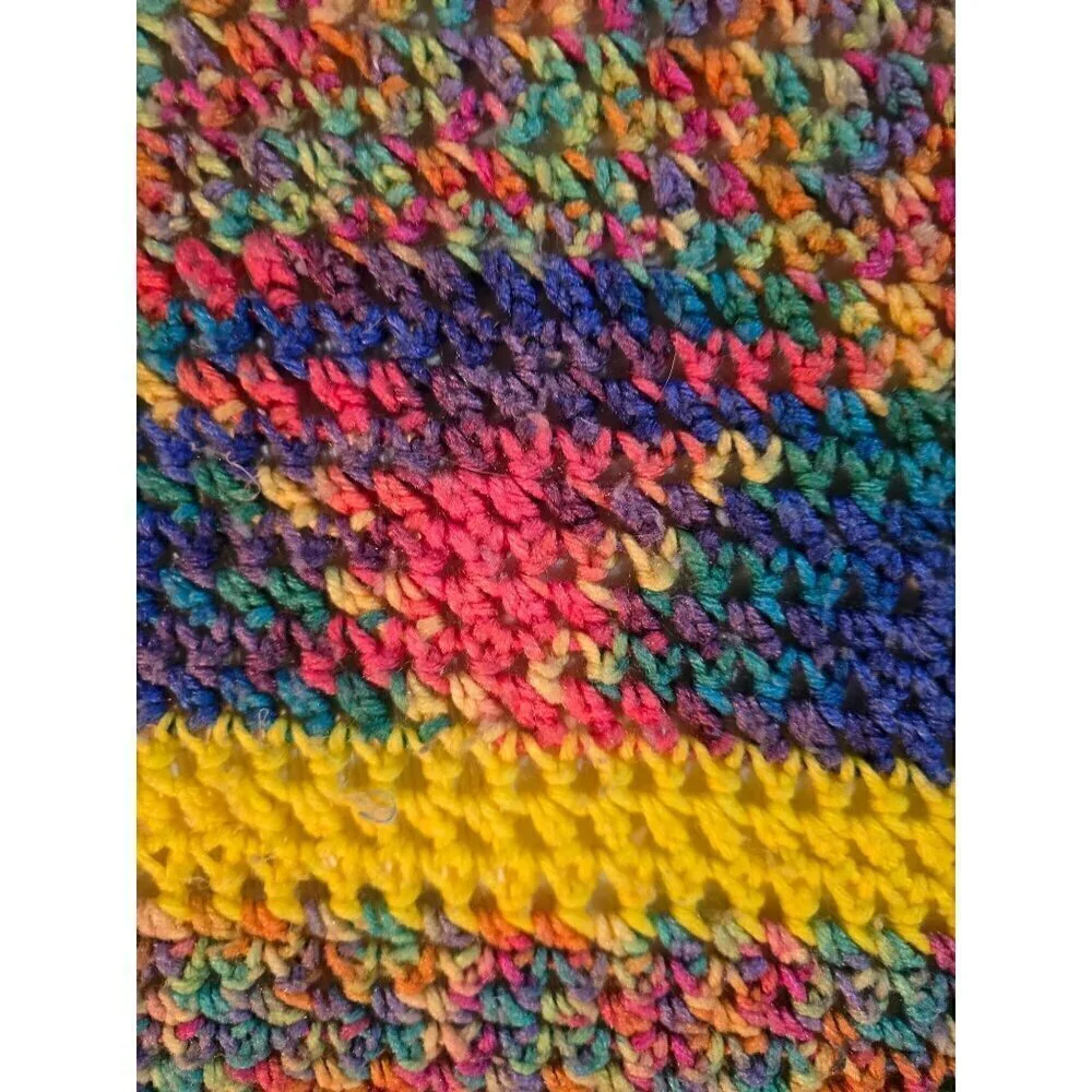 Vintage Handmade Colorful Space Dye Afghan Knit Crochet Throw Blanket Cottage Gr